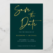 Modern Emerald Green Calligraphy Wedding Save Date Folie Uitnodiging (Voorkant)