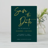 Modern Emerald Green Calligraphy Wedding Save Date Folie Uitnodiging (Staand Voorkant)