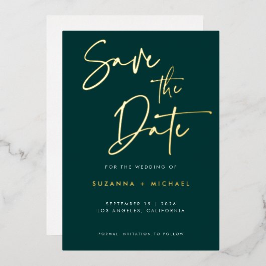 Modern Emerald Green Calligraphy Wedding Save Date Folie Uitnodiging (Voorkant / Achterkant)