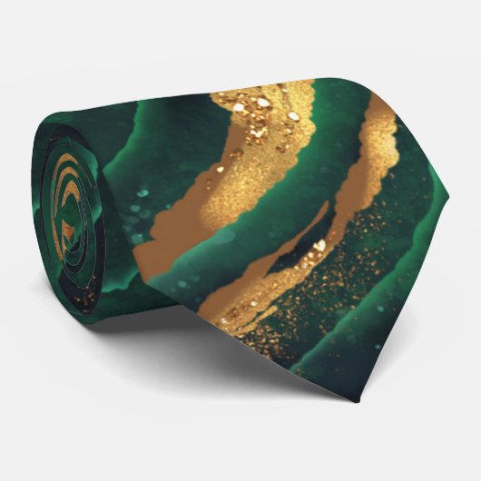 Modern Emerald Green en Gold Agate Mannen Stropdas (Opgerold)