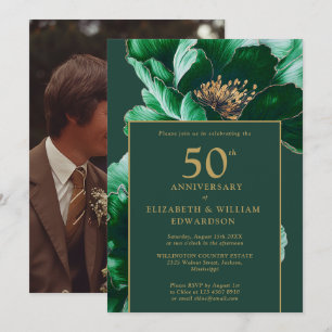 Modern Emerald Green Floral 50e Jubileum Foto Kaart