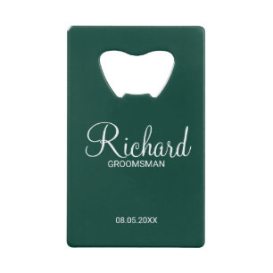 Modern Emerald Green Gepersonaliseerde Groomsman Kredietkaart Flessenopener