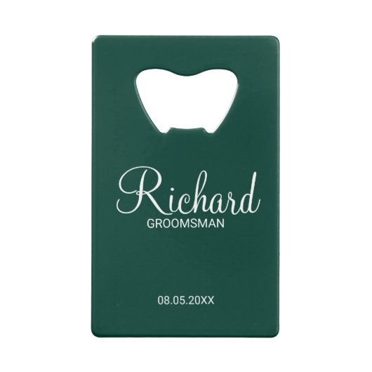 Modern Emerald Green Gepersonaliseerde Groomsman Kredietkaart Flessenopener (Voorkant)