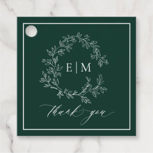 Modern Emerald Green Leafy Crest Monogram Weddensc Bedankjes Labels