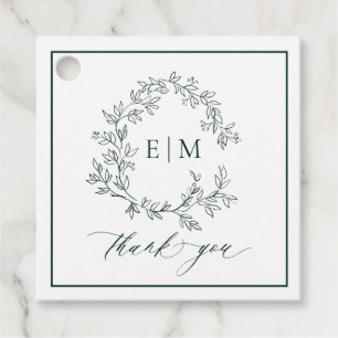 Modern Emerald Green Leafy Crest Monogram Weddensc Bedankjes Labels