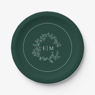 Modern Emerald Green Leafy Crest Monogram Weddensc Papieren Bordje