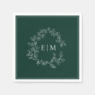 Modern Emerald Green Leafy Crest Monogram Weddensc Servet