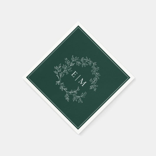 Modern Emerald Green Leafy Crest Monogram Weddensc Servet (Hoek)