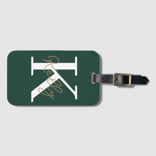 Modern Emerald Green Monogram Script Bagagelabel (Voorkant (horizontaal))
