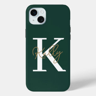 Modern Emerald Green Monogram Script iPhone 15 Mini Hoesje