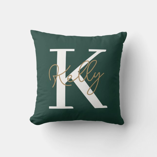 Modern Emerald Green Monogram Script Kussen (Voorkant)