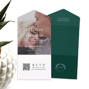 Modern Emerald Green QR Code Monogram Weddenschap All In One Uitnodiging