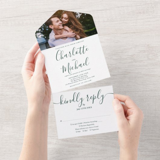 Modern Emerald Green Script Photo Wedding All In One Uitnodiging (Afscheurbaar)