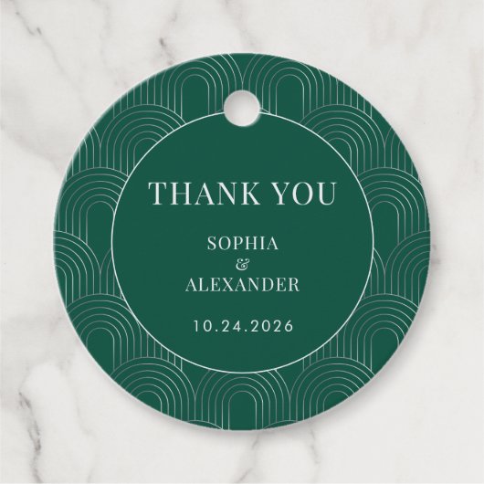Modern Emerald Green & Silver Arch Bedankjes Labels (Voorkant)