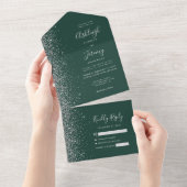 Modern Emerald Green Silver Glitter Wedding All In One Uitnodiging (Afscheurbaar)