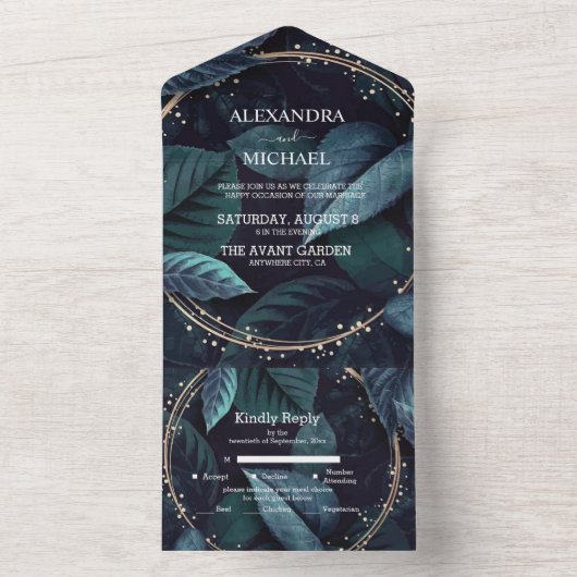 Modern Emerald Green Tropical Destination Wedding All In One Uitnodiging (Binnen)