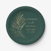 Modern Emerald Groen Blad Bruiloft Monogram Papieren Bordje (Voorkant)