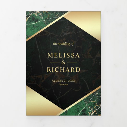 Modern Emerald Groen Goud Marmer Ampersand Bruilof Drieluik Uitnodiging (Cover)