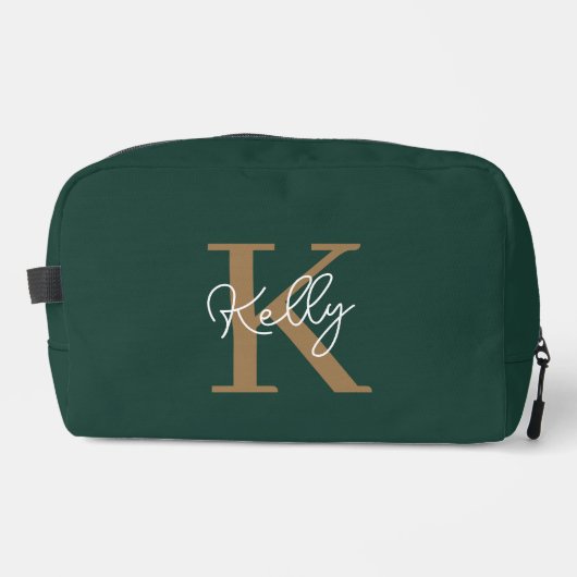 Modern Emerald Groen Goud Monogram Script Toilettasje (Voorkant)