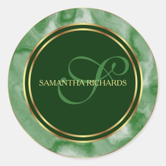 Modern Emerald Marmer en Goud Monogram Ronde Sticker (Voorkant)