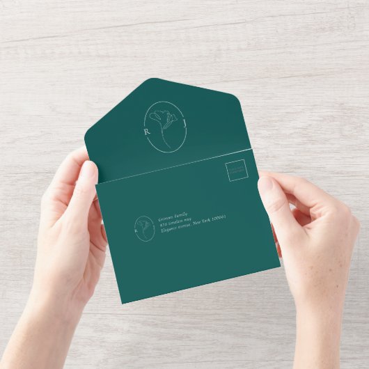 Modern Emerald Monogram  Script Wedding All In One Uitnodiging (Opening)