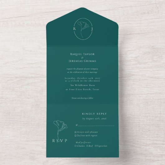Modern Emerald Monogram  Script Wedding All In One Uitnodiging (Binnen)