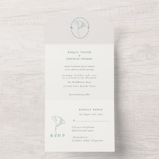 Modern Emerald Monogram Script Wedding All In One Uitnodiging (Binnen)