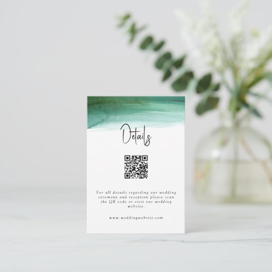 Modern Emerald Waterverf Wedding Details QR Code Informatiekaartje (Staand voorkant)