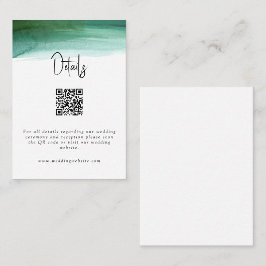 Modern Emerald Waterverf Wedding Details QR Code Informatiekaartje (Voorkant / Achterkant)