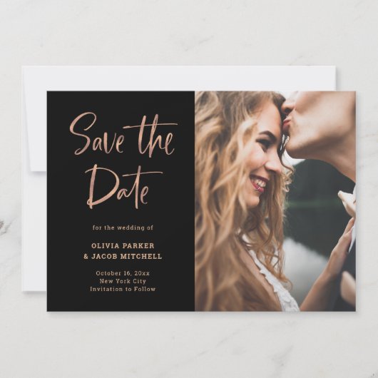 Modern en elegant Roos Gold en zwart | Foto Save The Date (Voorkant)