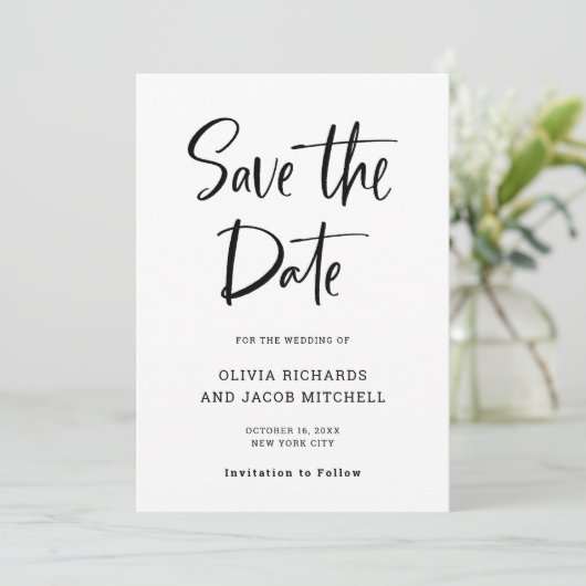 Modern en Elegant | Zwarte en witte bruiloft Save The Date (Staand voorkant)