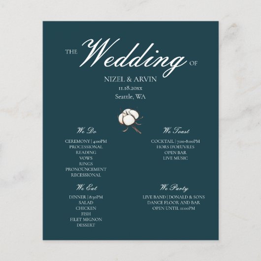 Modern en stijlvol katoenen groen bruiloft program (Voorkant)