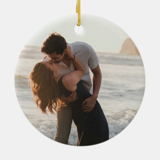 Modern Engagement 2 Photo First Christmas Engaged Keramisch Ornament (Achterkant)