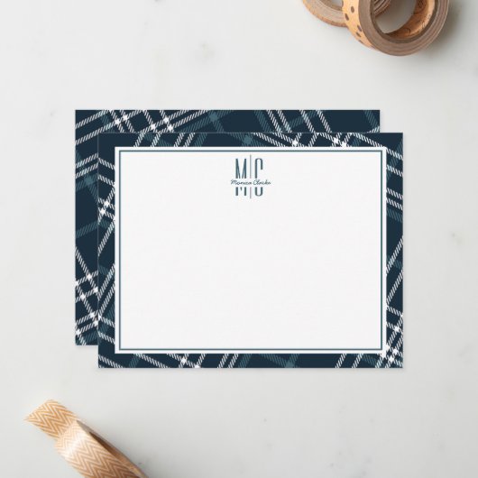 Modern Esthetisch Donkergroen Wit Plaid Notitiekaartje (Voorkant / Achterkant in situ)