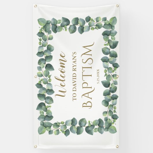Modern Eucalyptus Boy Baptism Welcome Sign Spandoek (Verticaal)