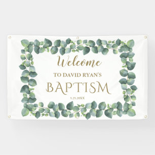 Modern Eucalyptus Boy Baptism Welcome Sign Spandoek