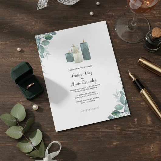 Modern Eucalyptus & Candle Wedding Invitation