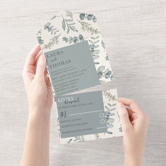 Modern Eucalyptus Dusty Blue Pattern Wedding All In One Uitnodiging (Afscheurbaar)