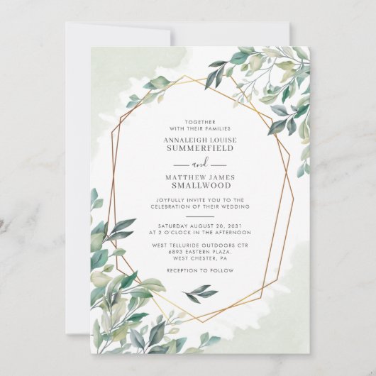 Modern Eucalyptus Greenery Gold Geometric Wedding Kaart (Voorkant)