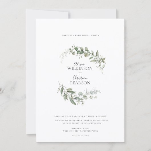 Modern Eucalyptus Greenery Wedding QR Code RSVP Kaart (Voorkant)
