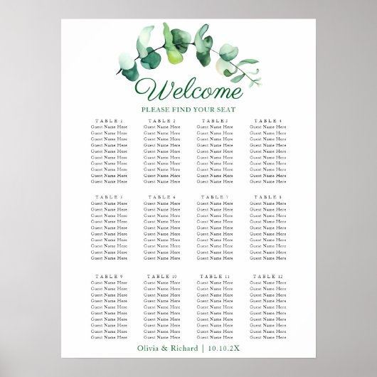 Modern Eucalyptus Greenery Wedding Seating Chart Poster (Voorkant)