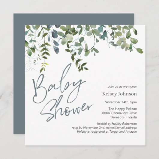 Modern Eucalyptus groen script Baby shower Kaart (Voorkant / Achterkant)