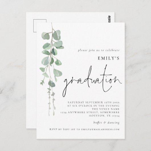 Modern Eucalyptus Script 2024 Afstuderen Invite Briefkaart (Voorkant / Achterkant)