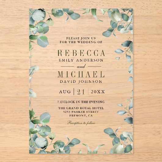 Modern Eucalyptus Wedding Acryl Uitnodigingen (Voorkant)