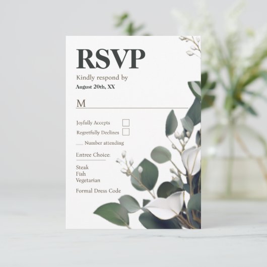 Modern Eucalyptus Wedding RSVP Kaartje (Staand voorkant)