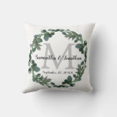 Modern Eucalyptus Wreath Monogram Weddenschap Kussen (Achterkant)