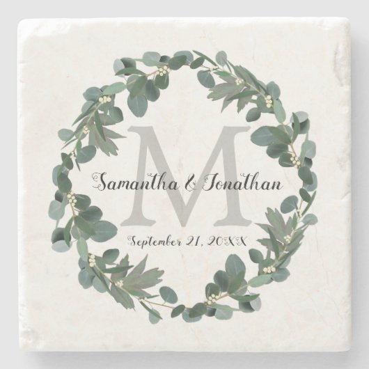 Modern Eucalyptus Wreath Monogram Weddenschap Stenen Onderzetter (Voorkant)