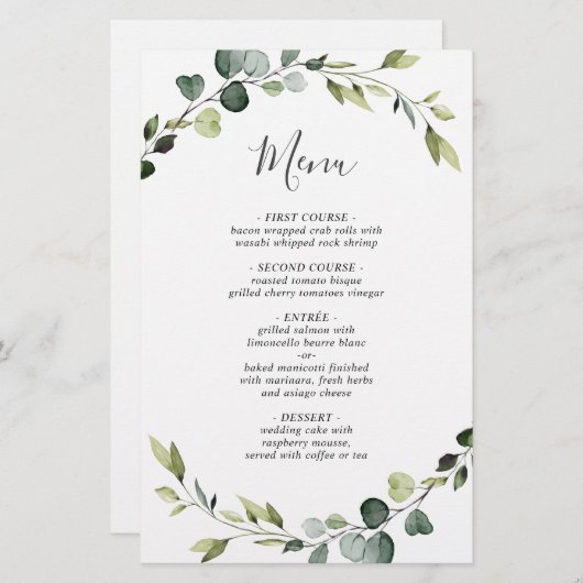 Modern Eucalyptus Wreath Weddenrenmenu (Voorkant / Achterkant)