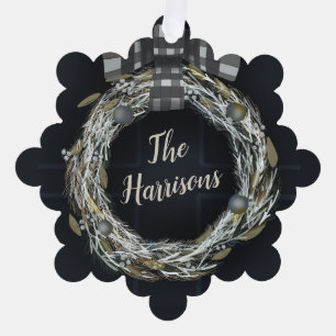 Modern Evergreen Wreath Family Foto Ornament Kaart