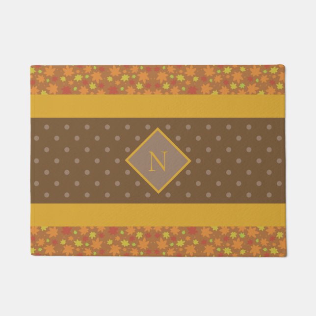 Modern Fall Leaves Monogram Brown Polka Dot Deurmat (Voorkant)